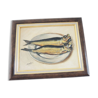 Huile sur bois encadrée et Signée Henri Merlet, 2 harengs saur sur assiette