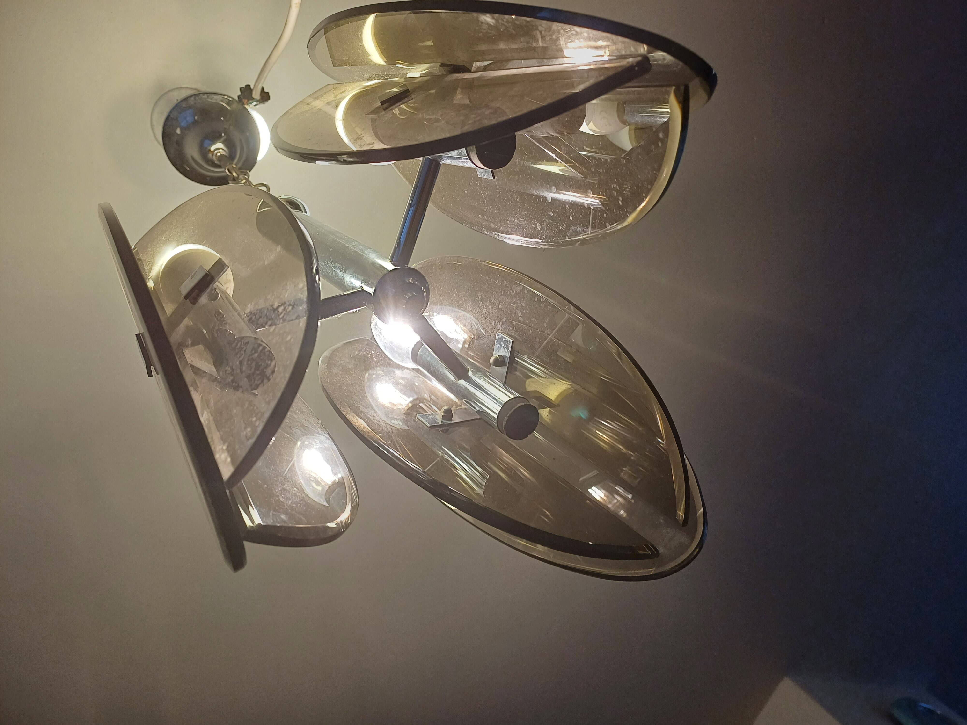 Vintage Chandelier Veca, Chrome and Smoked Glass