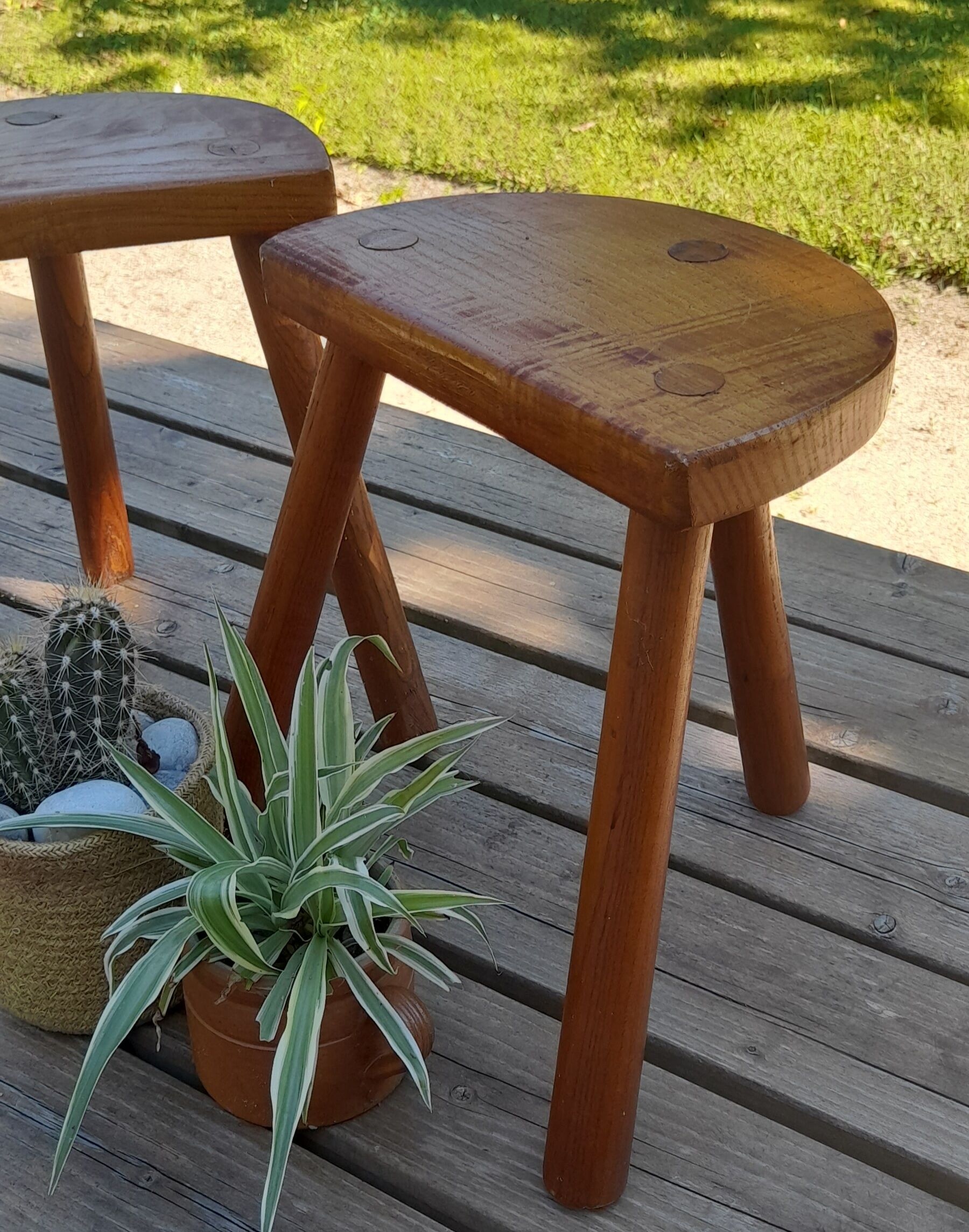 Duo of French half-moon farm stools tripod 60s