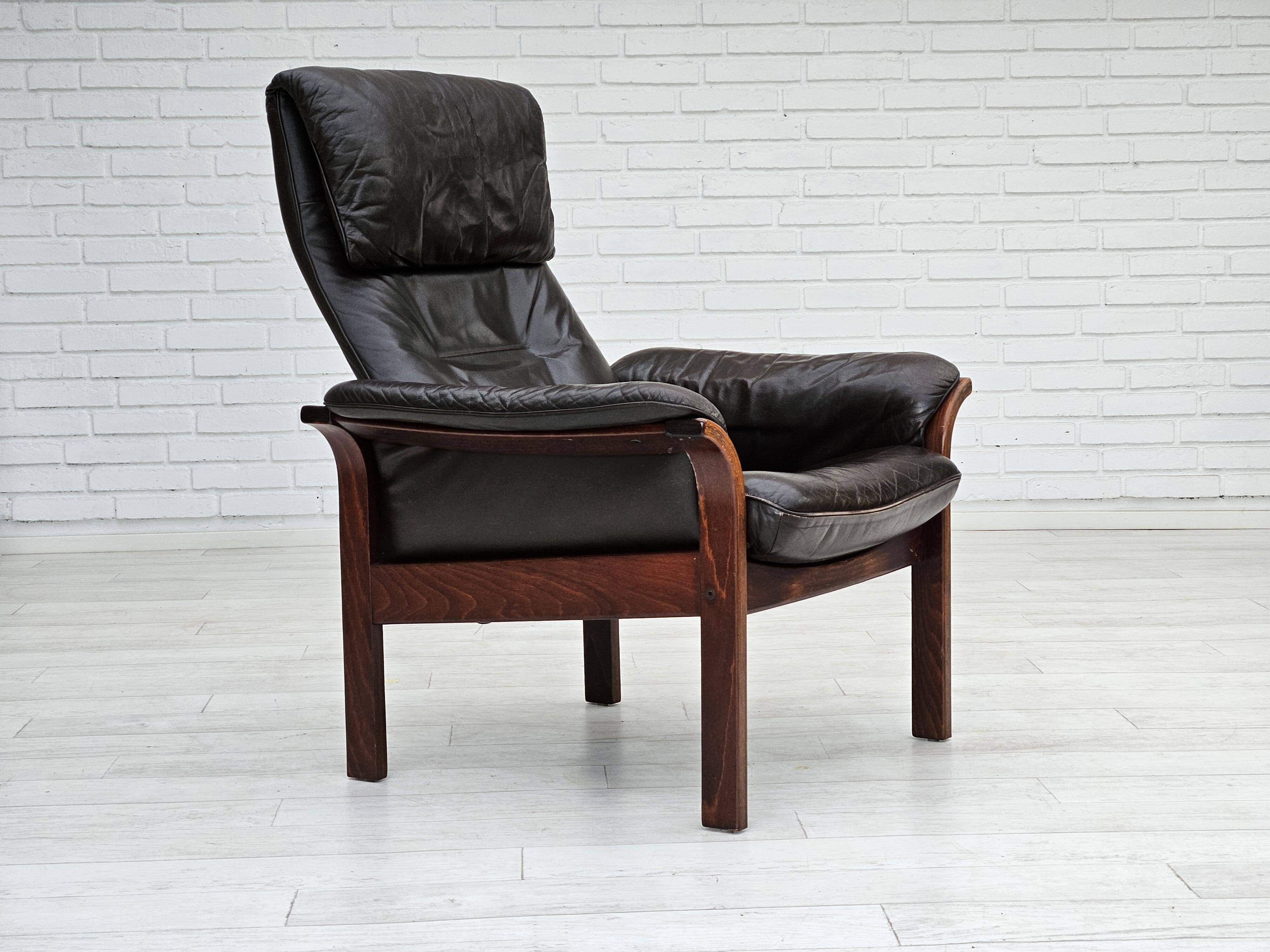 Chaise longue réglable, cuir marron années 1970, design suédois par göte möbler