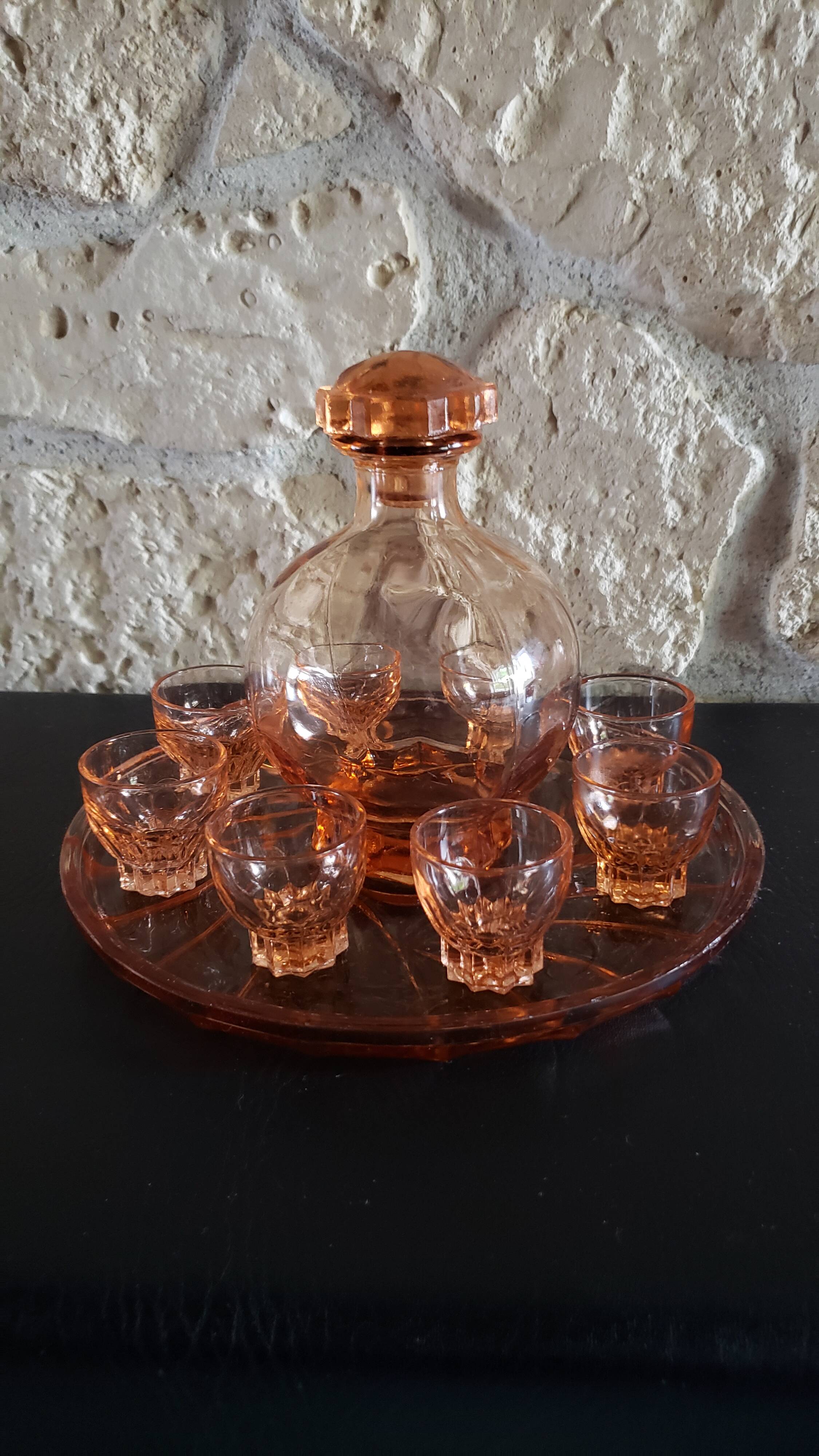 Complete pink glass liquor service