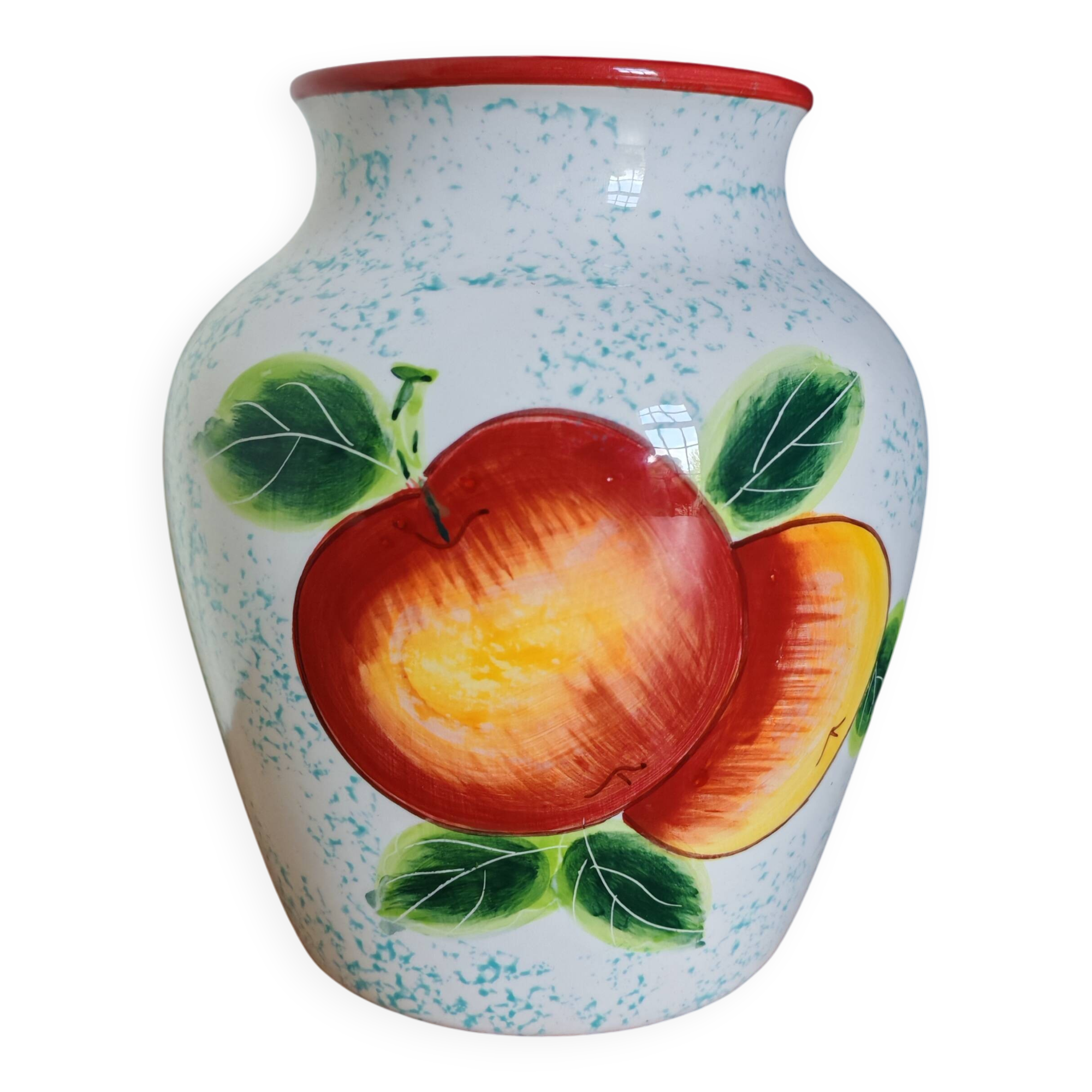 White Ceramic Vase with Peach and Leaf Motifs