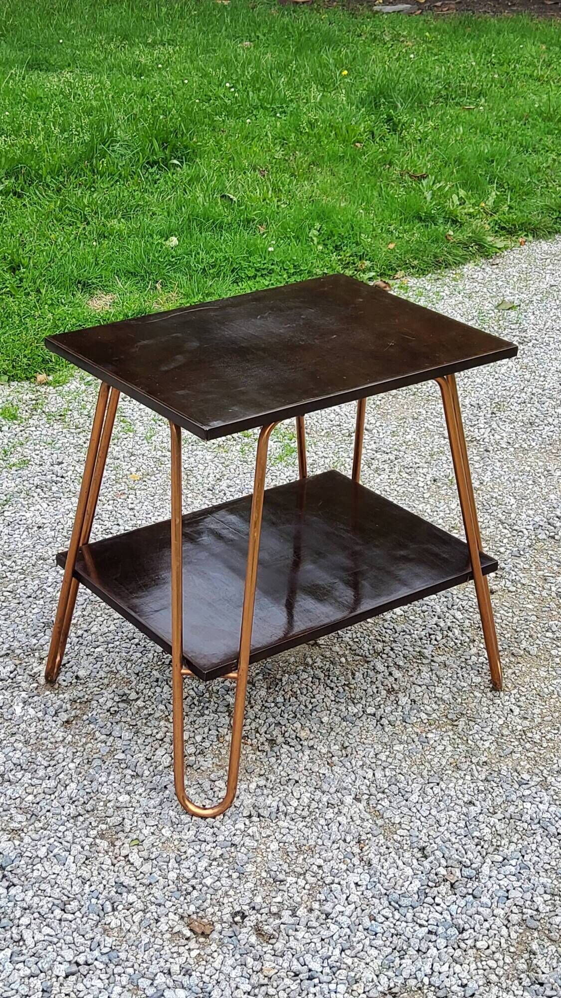 Vintage double wooden side table with copper base from the 50s