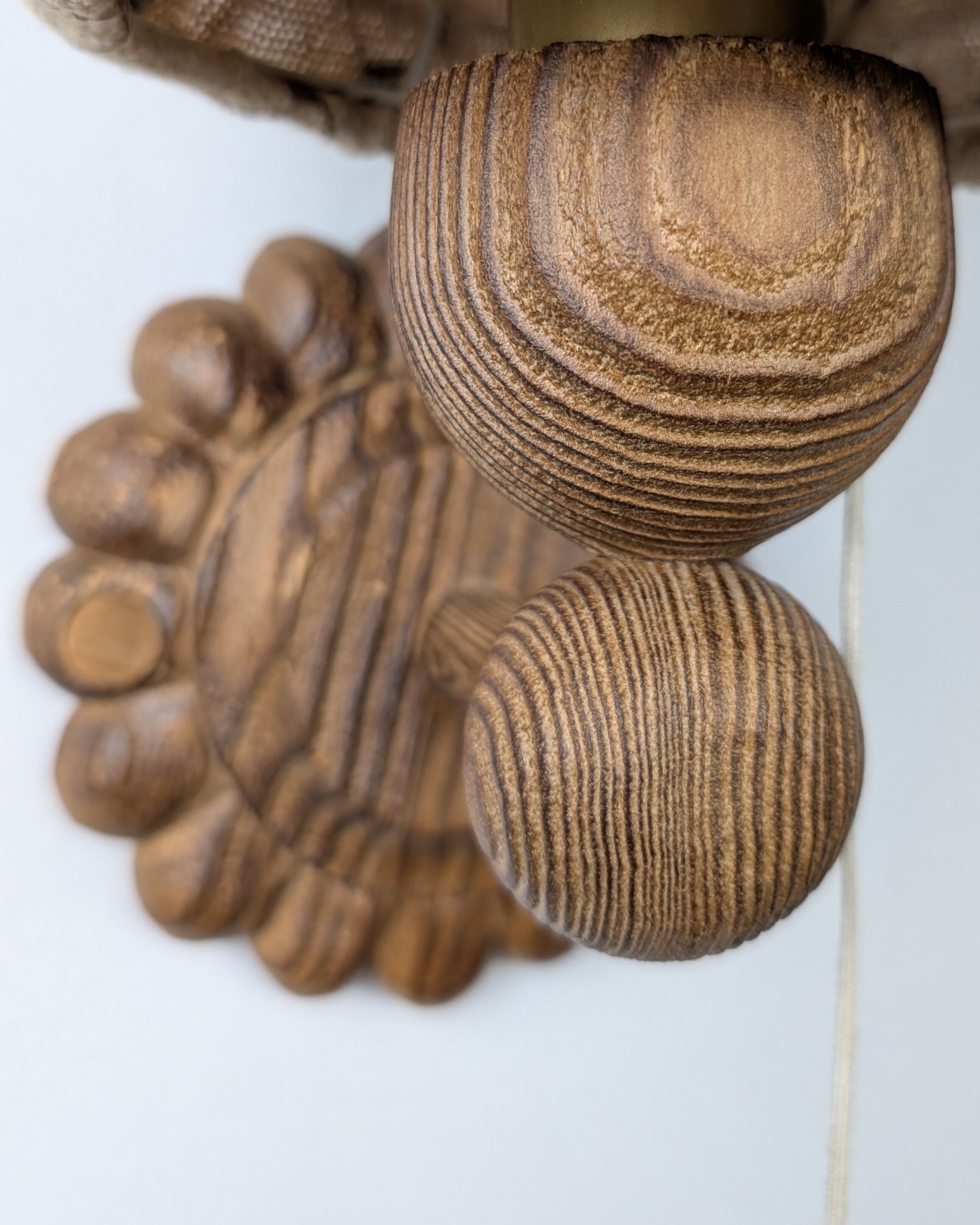 Pair of carved pine wall lights with jute shades, Swedish design, 1970s