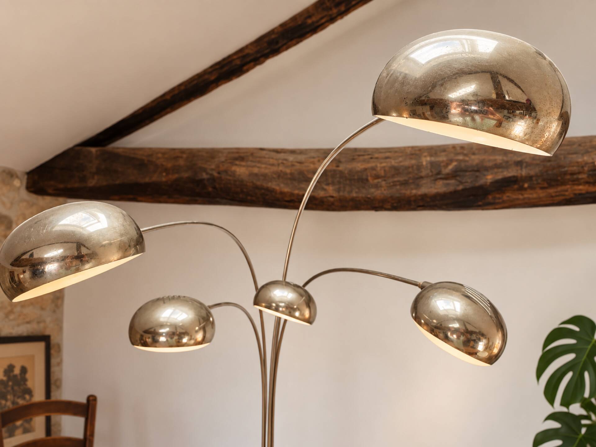 Arc floor lamp with 5 lights in chrome metal and marble – Space Age style