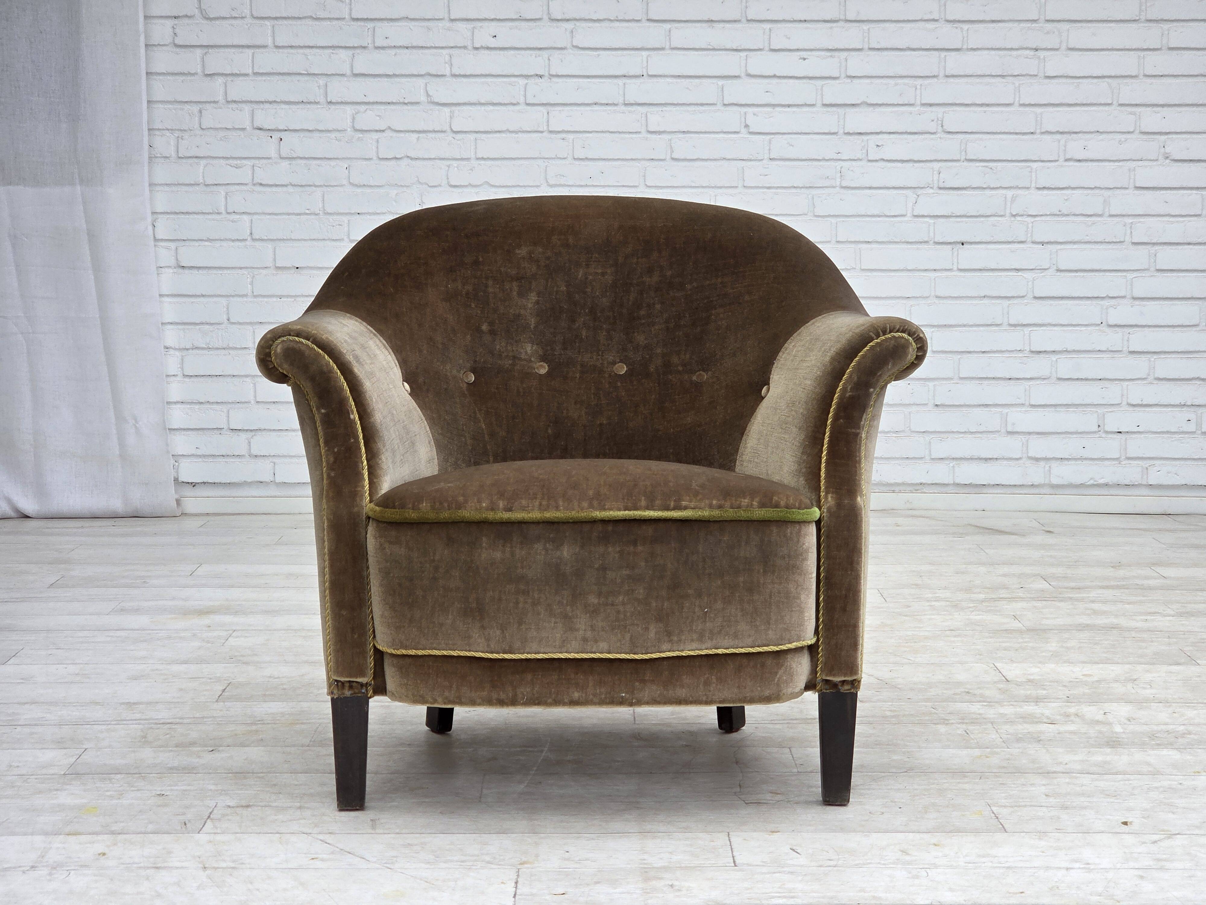 1960s, Danish armchair, original green furniture velour.
