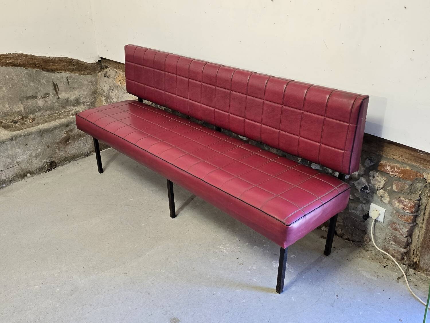 1960s double bistro bench in buttoned burgundy red skai