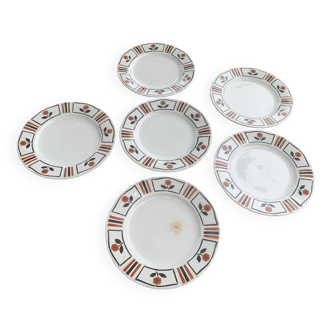 Set of 6 flat plates, Art Deco, Monaco model, K & G Lunevile,