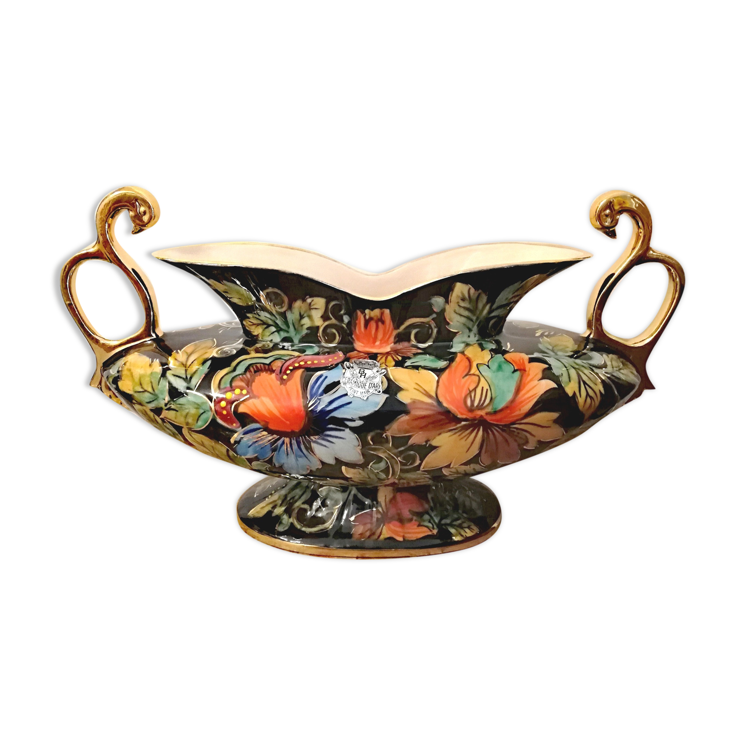 Ceramic planter swan-headed handles by Hubert Bequet