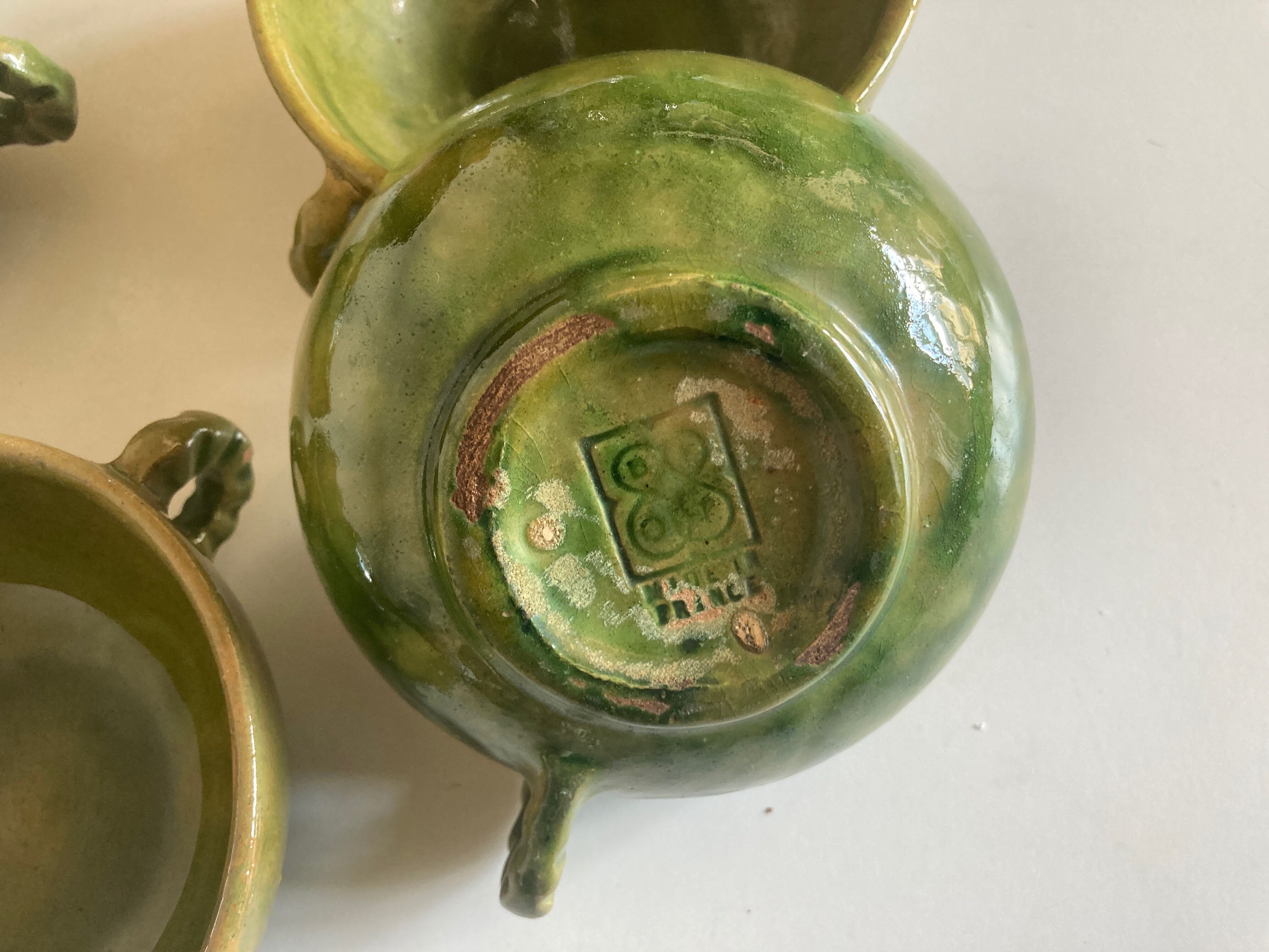 Set of 4 cups with starters or dessert in glazed earth of Biot green 1960