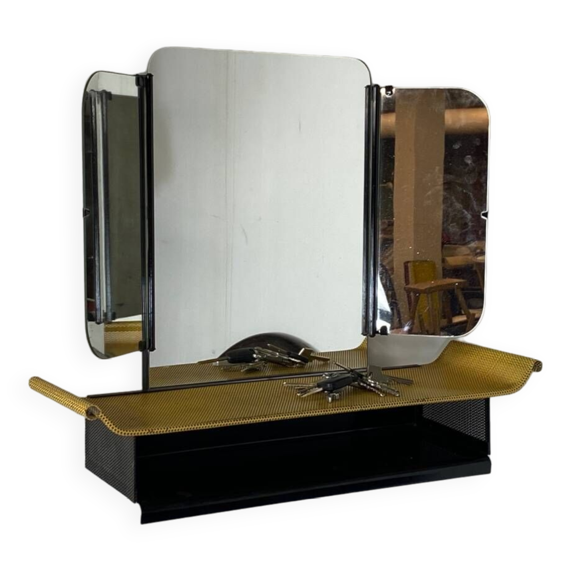 Miroir mural de courtoisie à trois volets moderniste du milieu du siècle, années 1950