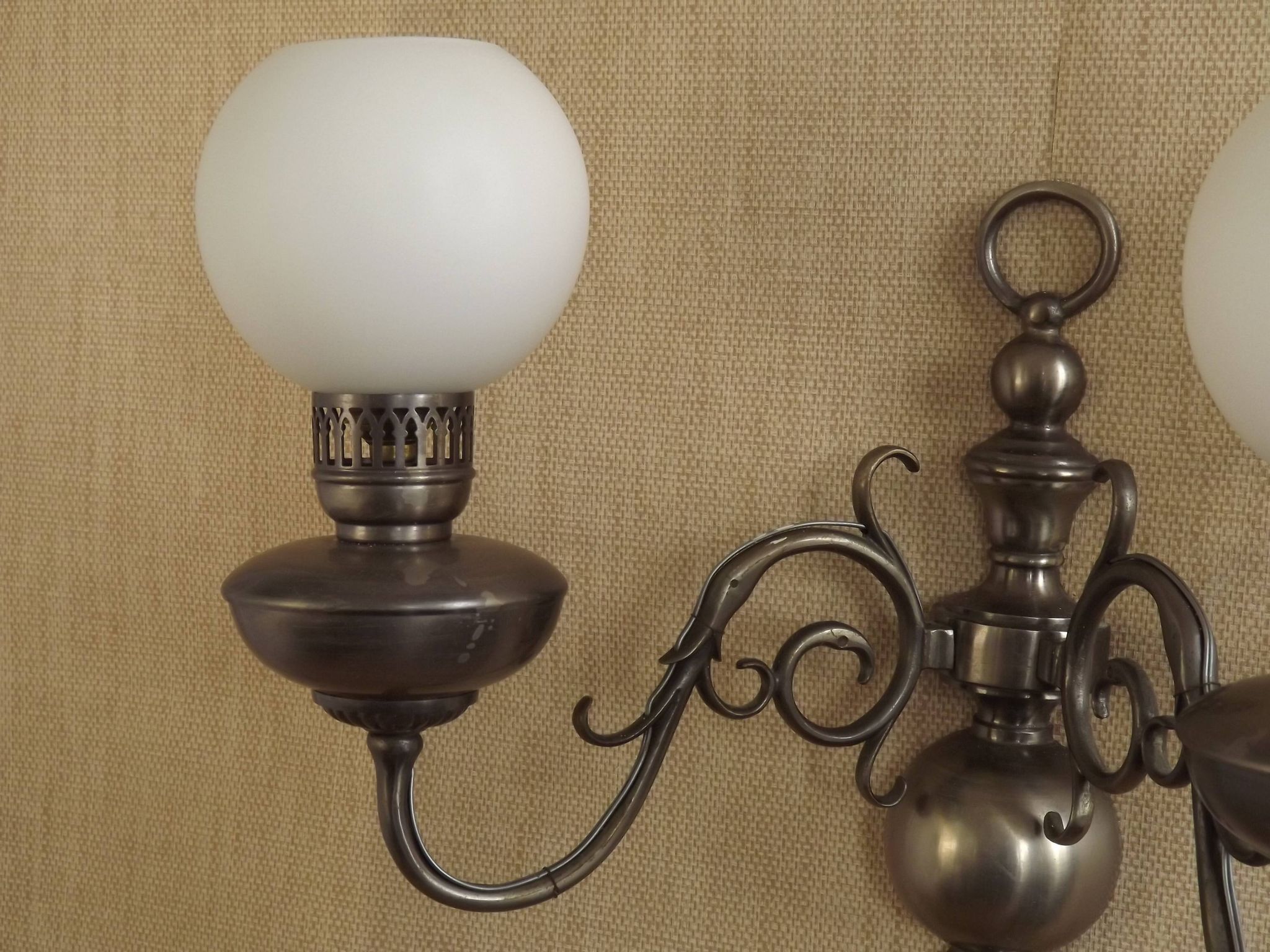 Vintage French silvered Flemish double wall sconce with opaque white glass shade 5007.