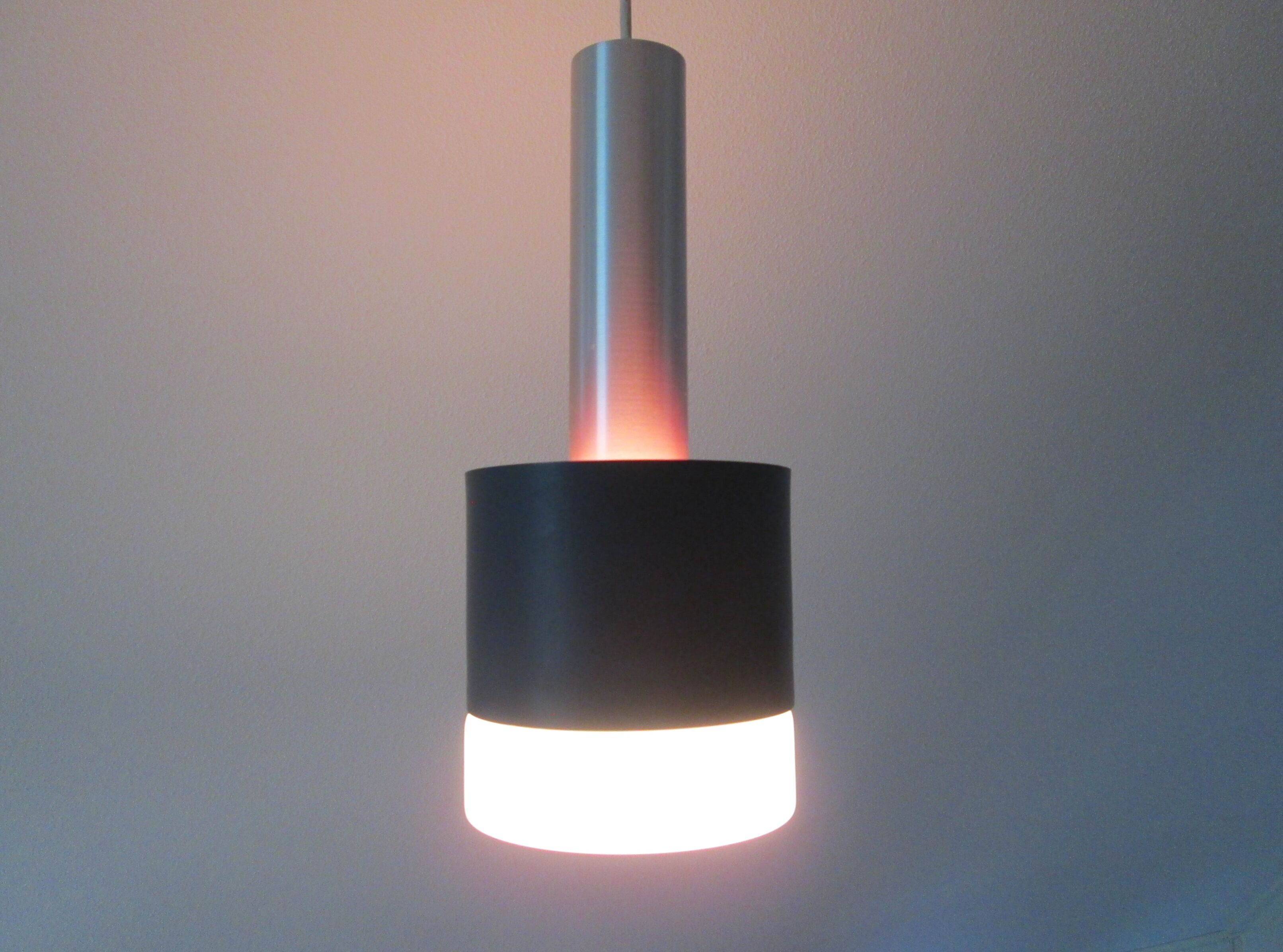 Danish Mid-century vintage hanging ceiling lamp classic lines, white opaline shade