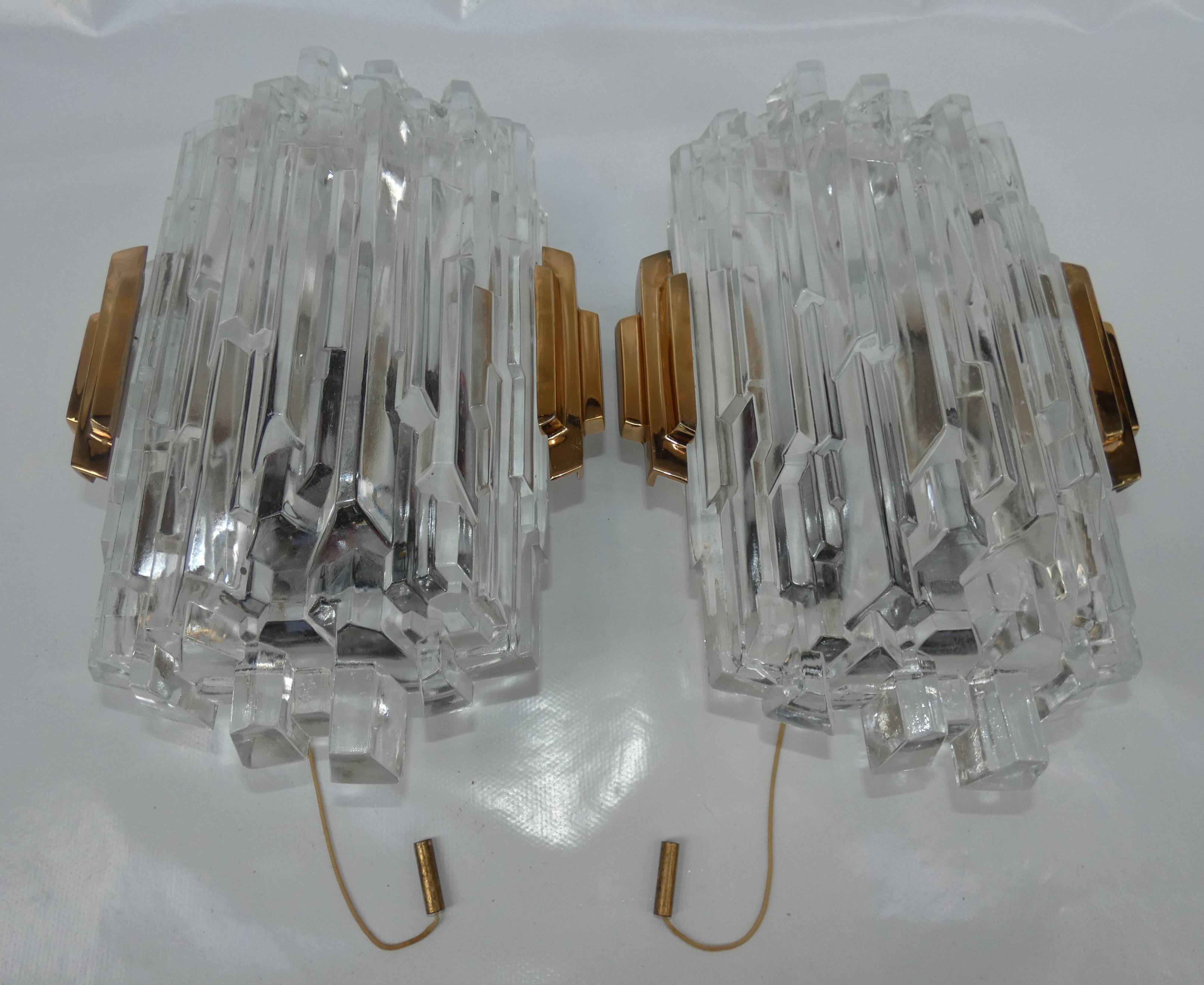 Pair of Wall Sconces Hillebrand Brass Glass Ice Cube Skycraper circa 1970