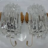 Pair of Wall Sconces Hillebrand Brass Glass Ice Cube Skycraper circa 1970