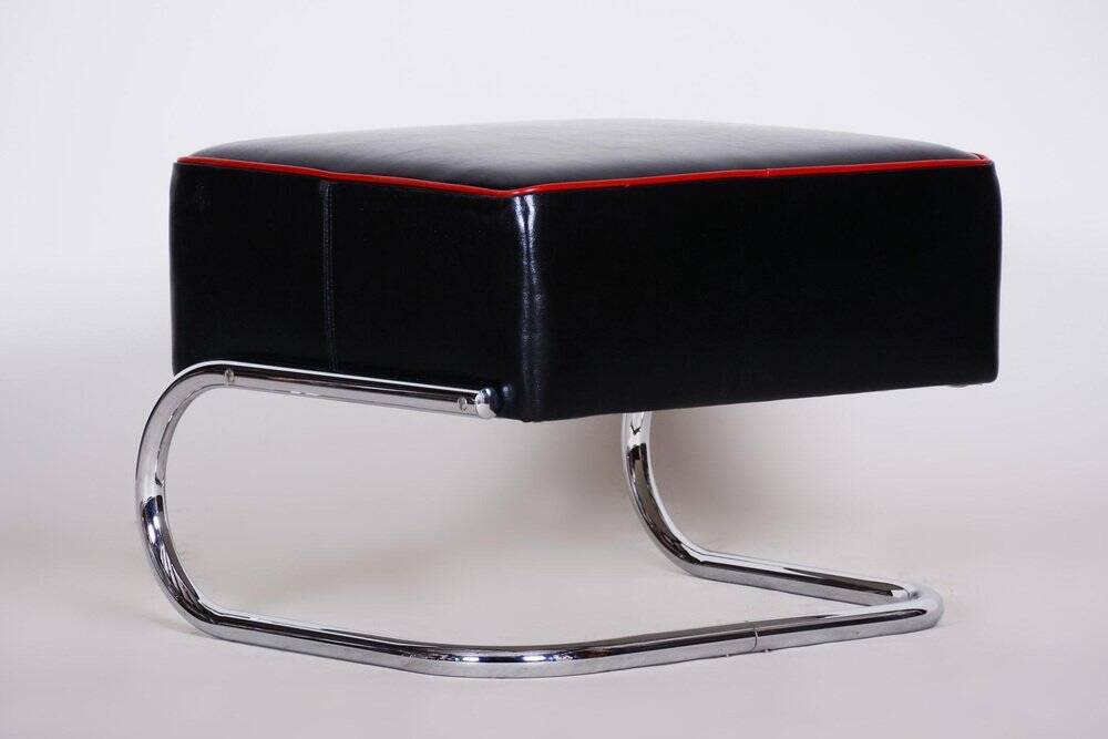 Bauhaus Stool in Leather and Chrome-Plated Steel from R. Slezák, Czech, 1930s