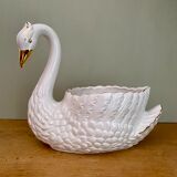 Vintage swan pot cover in white and gold ceramic