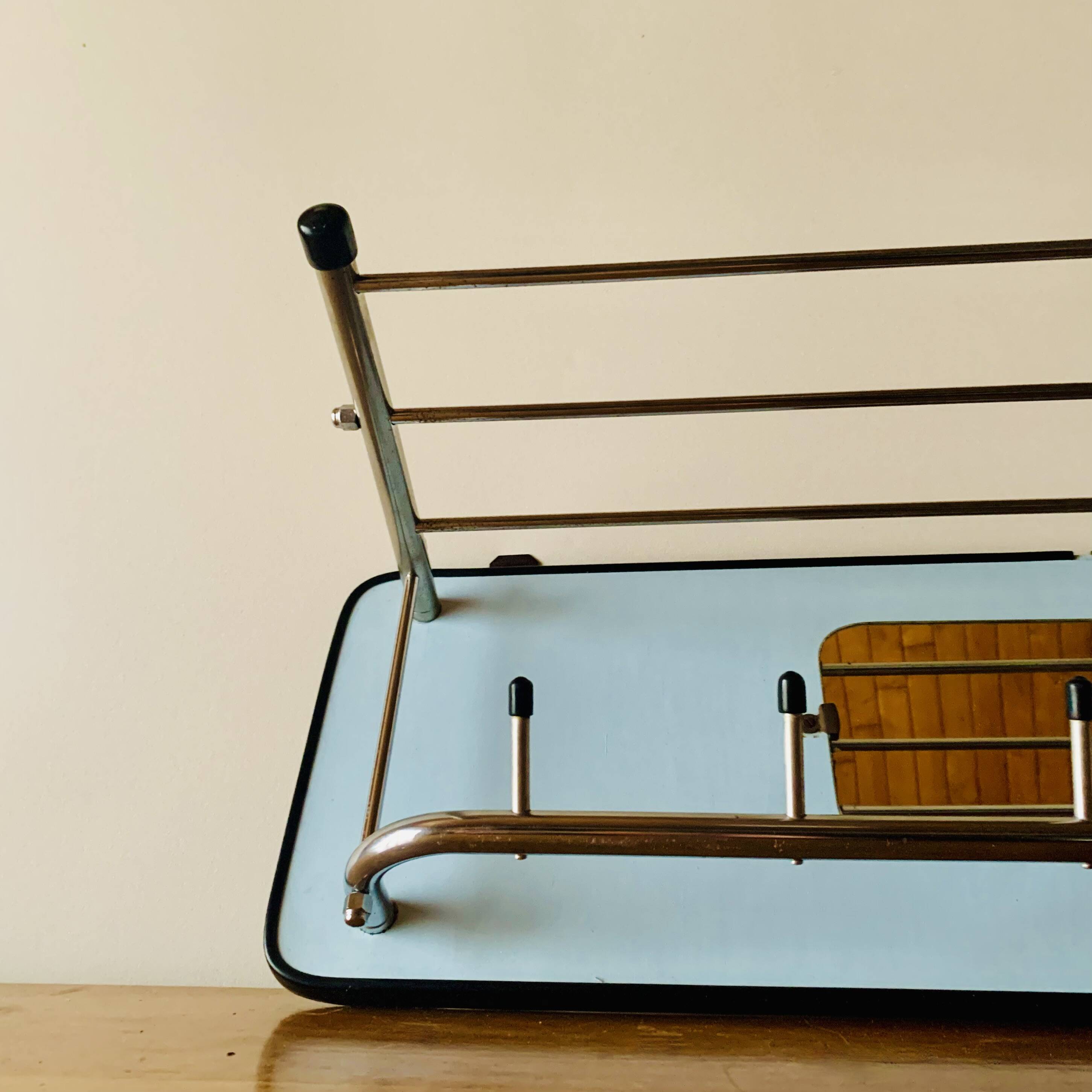 Vintage wall-mounted coat rack in wood and chrome metal with mirror
