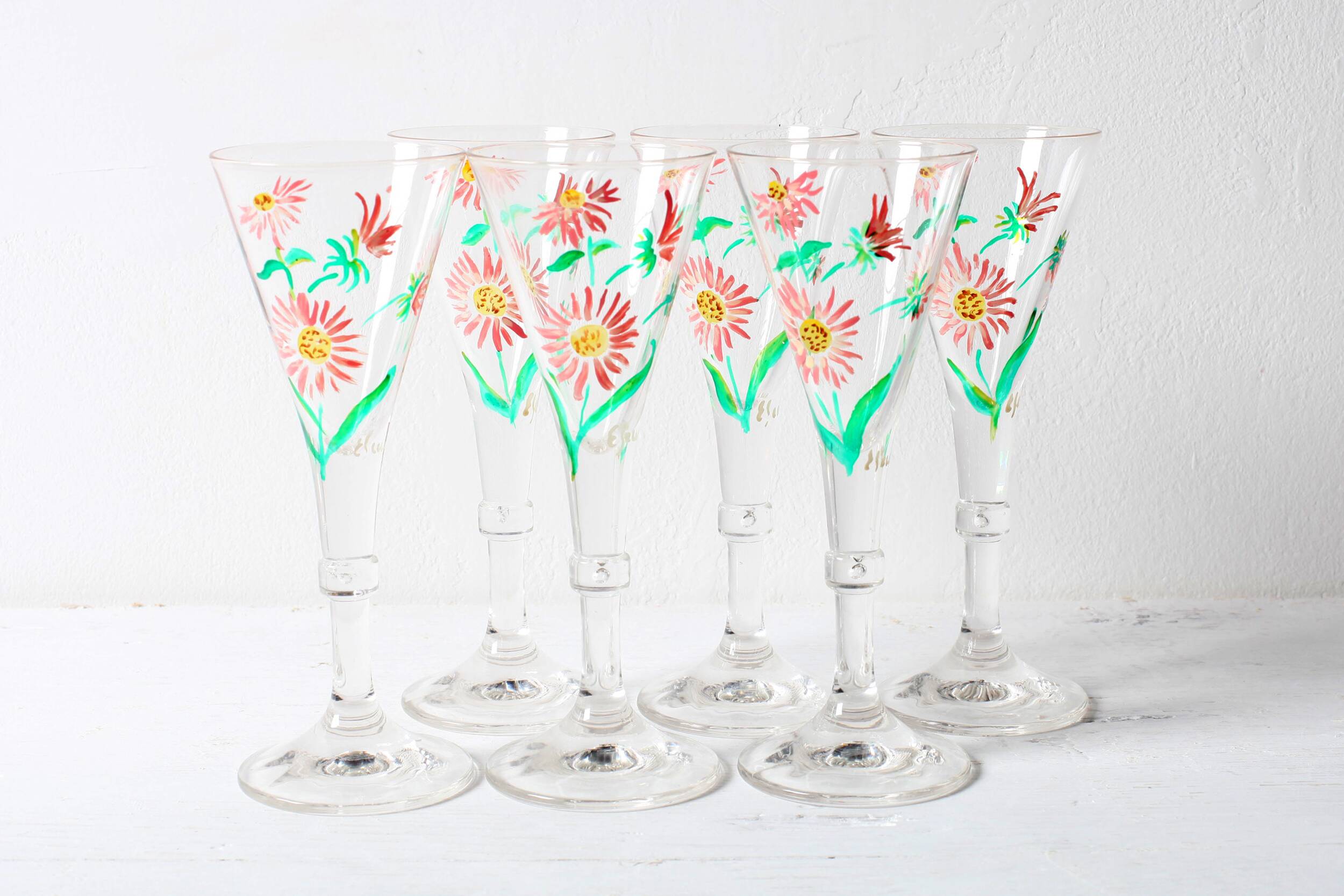 Set of 6 Mid-century Rare Floral Design Champagne Flutes / Italy / 1960s