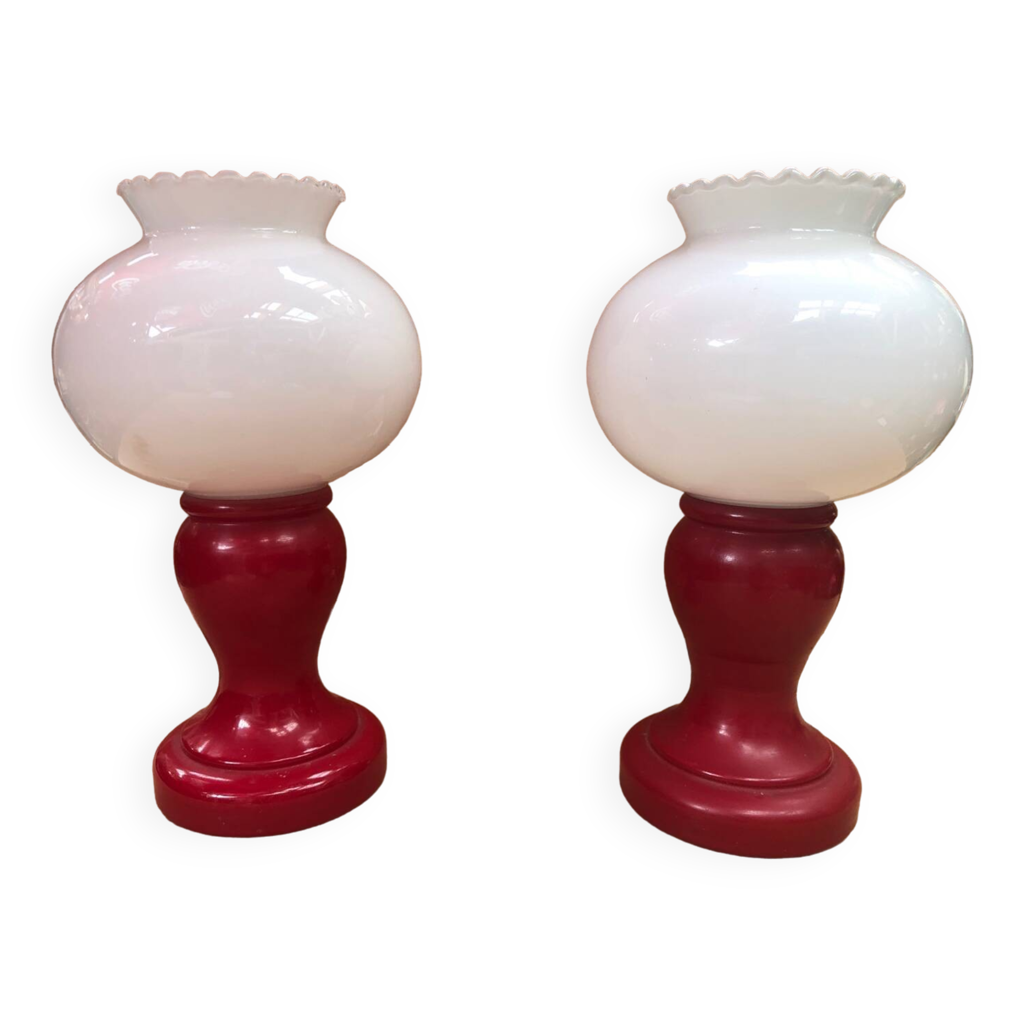 Pair of Old Red & White Opaline Bedside Lamps 1970s Vintage #A982