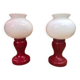Paire Ancienne Lampe De Chevet Opaline Rouge & Blanc Années 70 Vintage #A982