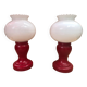 Pair of Vintage 1970s Red & White Opaline Bedside Lamps #A982