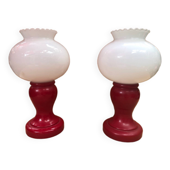 Pair of Old Red & White Opaline Bedside Lamps 1970s Vintage #A982