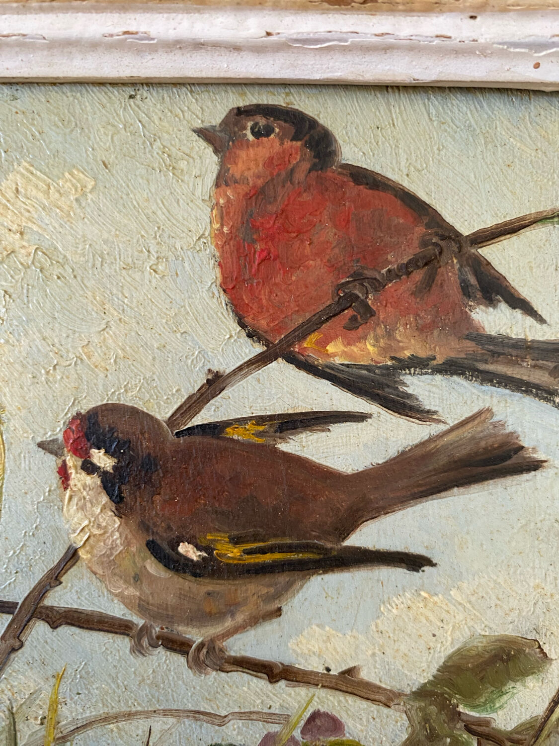 Vintage painting on panel of 3 tits on a branch.