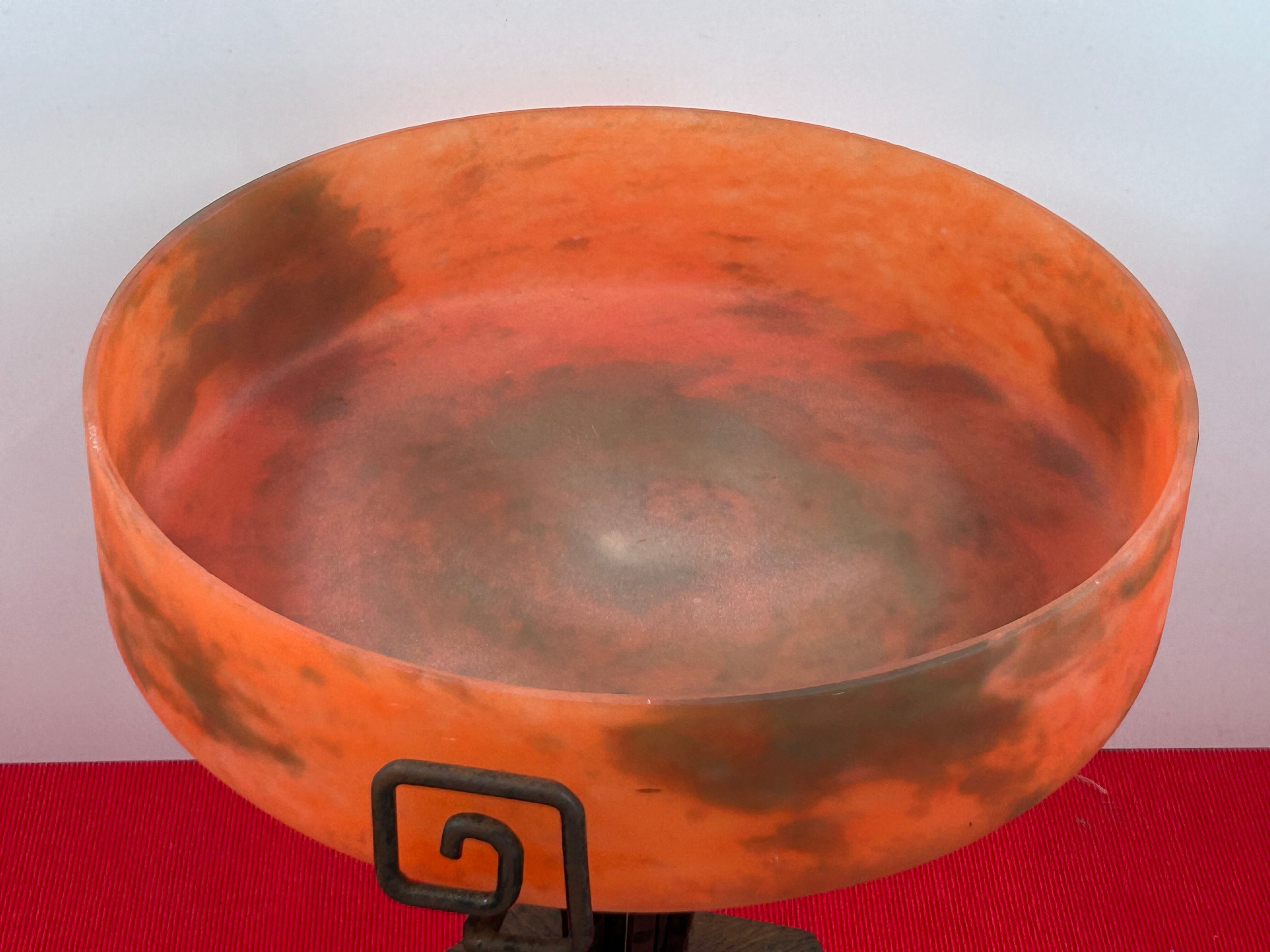 Art deco pâte de verre signed lorrain with wrought iron base, dlg by majorelle