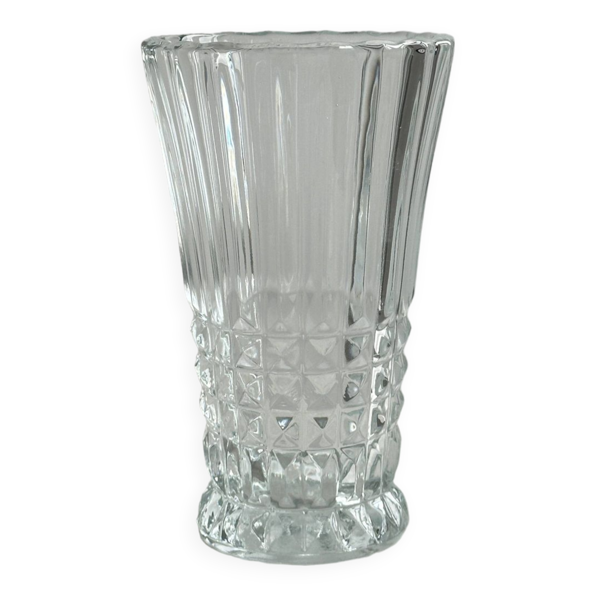 Diamond point molded thick glass vase.