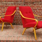 Pair of red armchairs model 6953 by Jaroslav Smidek published by TON