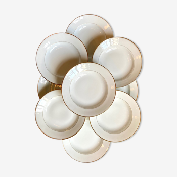 9 hollow plates in white and golden Limoges porcelain