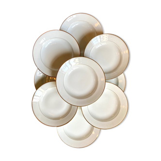 9 assiettes creuses en porcelaine de Limoges blanche et dorée