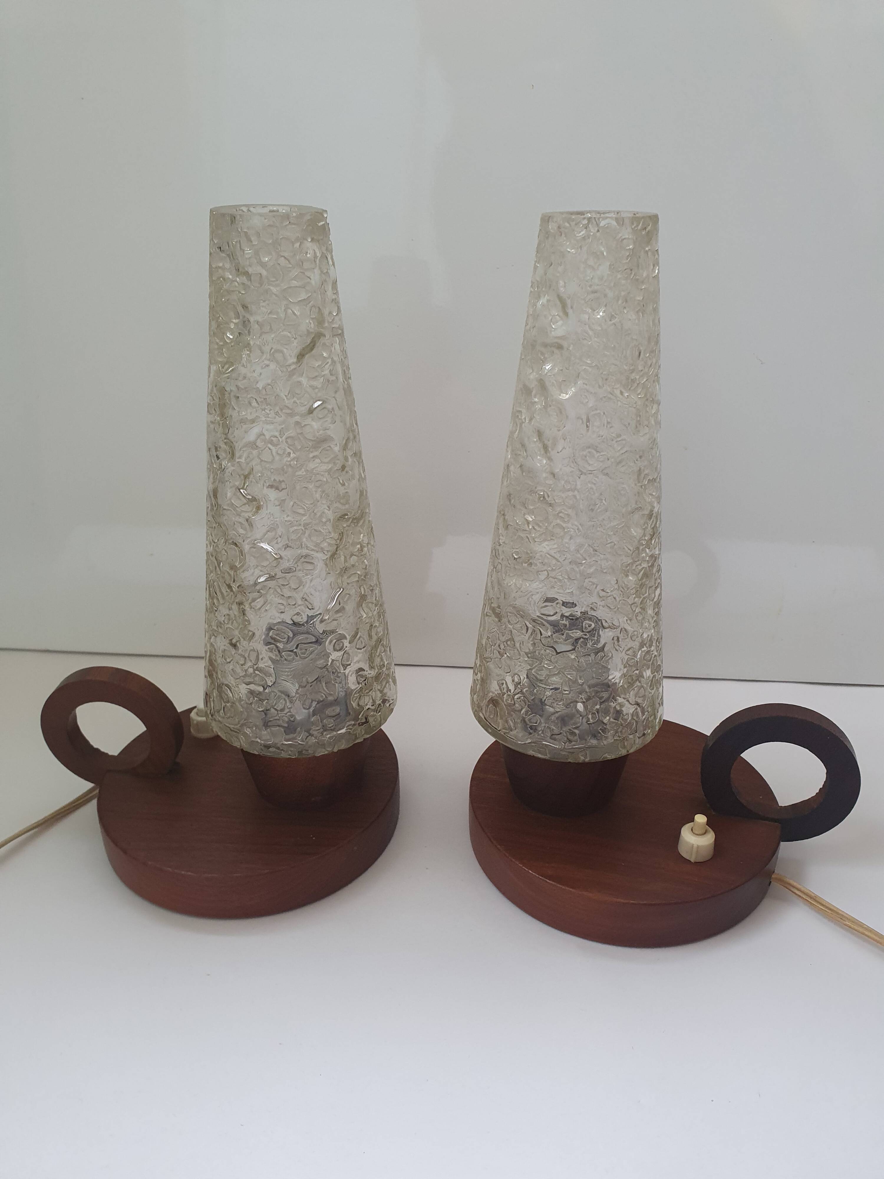 Pair of antique glass and wood table lamps