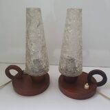 Paire de lampes de table anciennes verre et bois