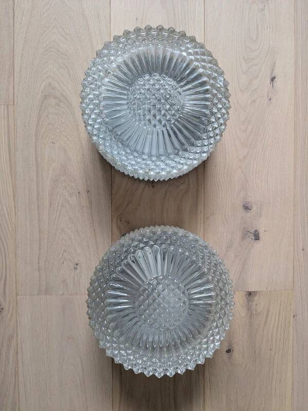Pair of vintage wall-mounted ceiling lights - pressed glass "diamond point" -