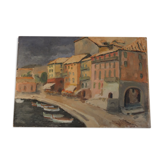 Oil on cardboard painting - Port of Villefranche sur Mer 1938