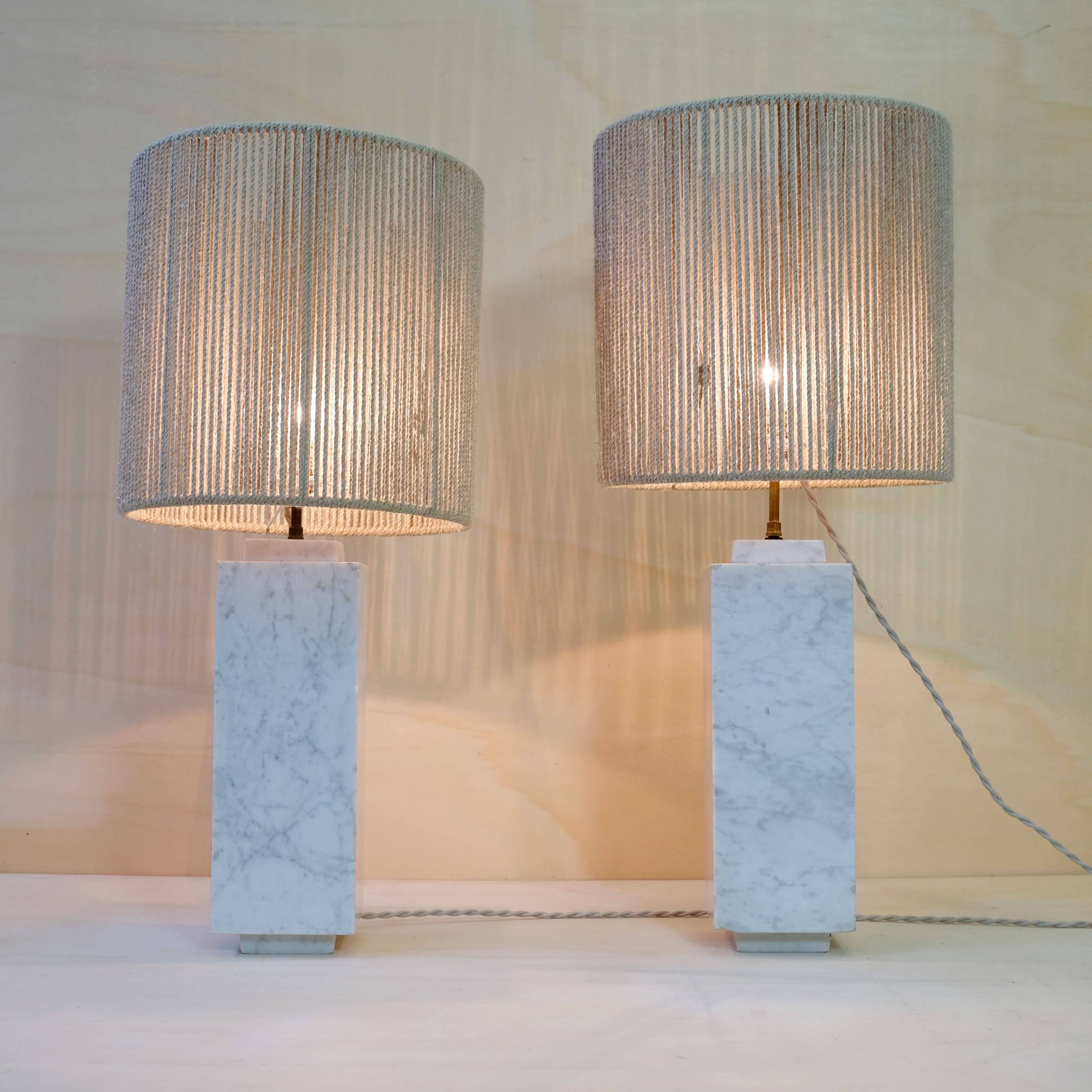 Pair of marble lamps from the 60s and their rope lampshades.