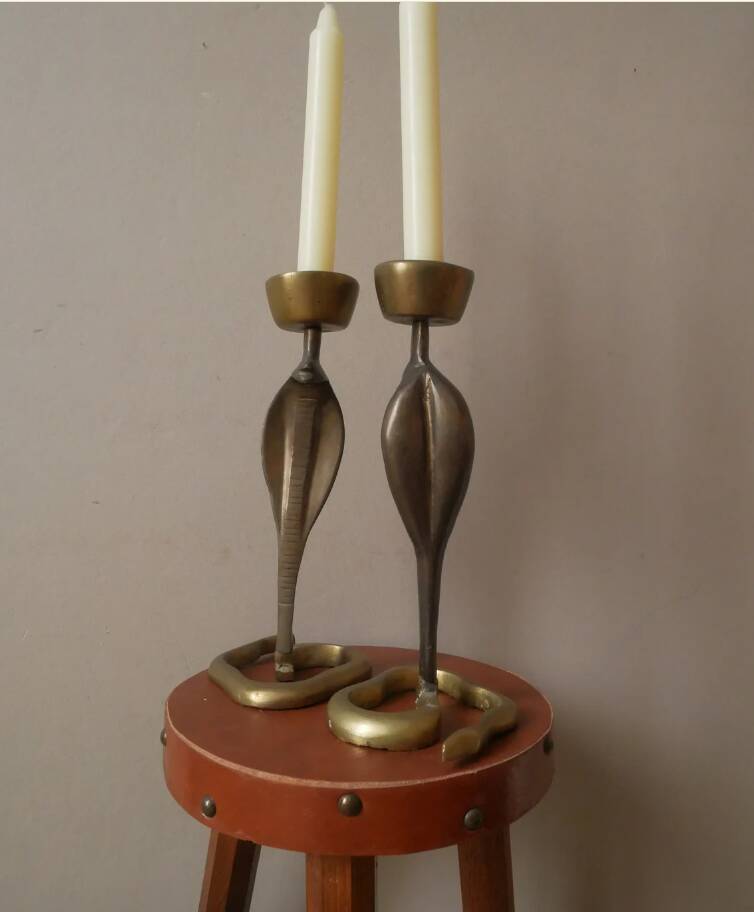 Pair of bronze cobra candlesticks, tribal ethnic decorative object, handcrafted