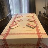 Vintage Large Damask Tablecloth with Six Monogram M Napkins.