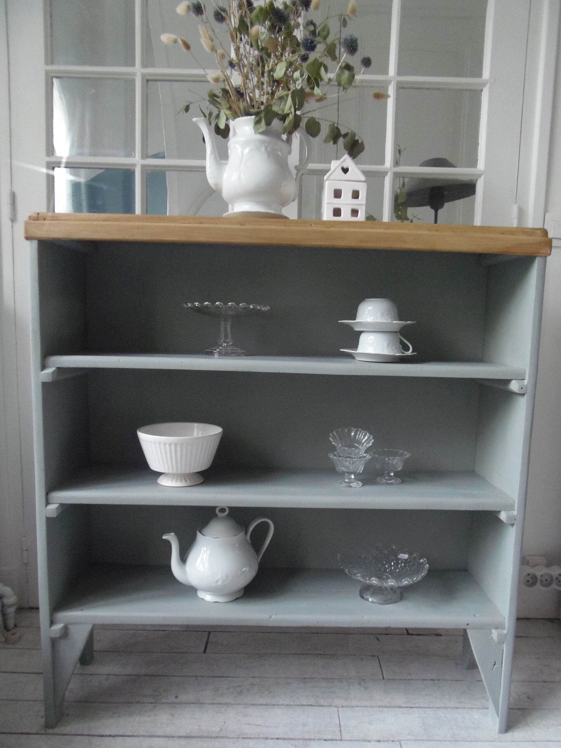 Vintage bookcase green of gray wooden top
