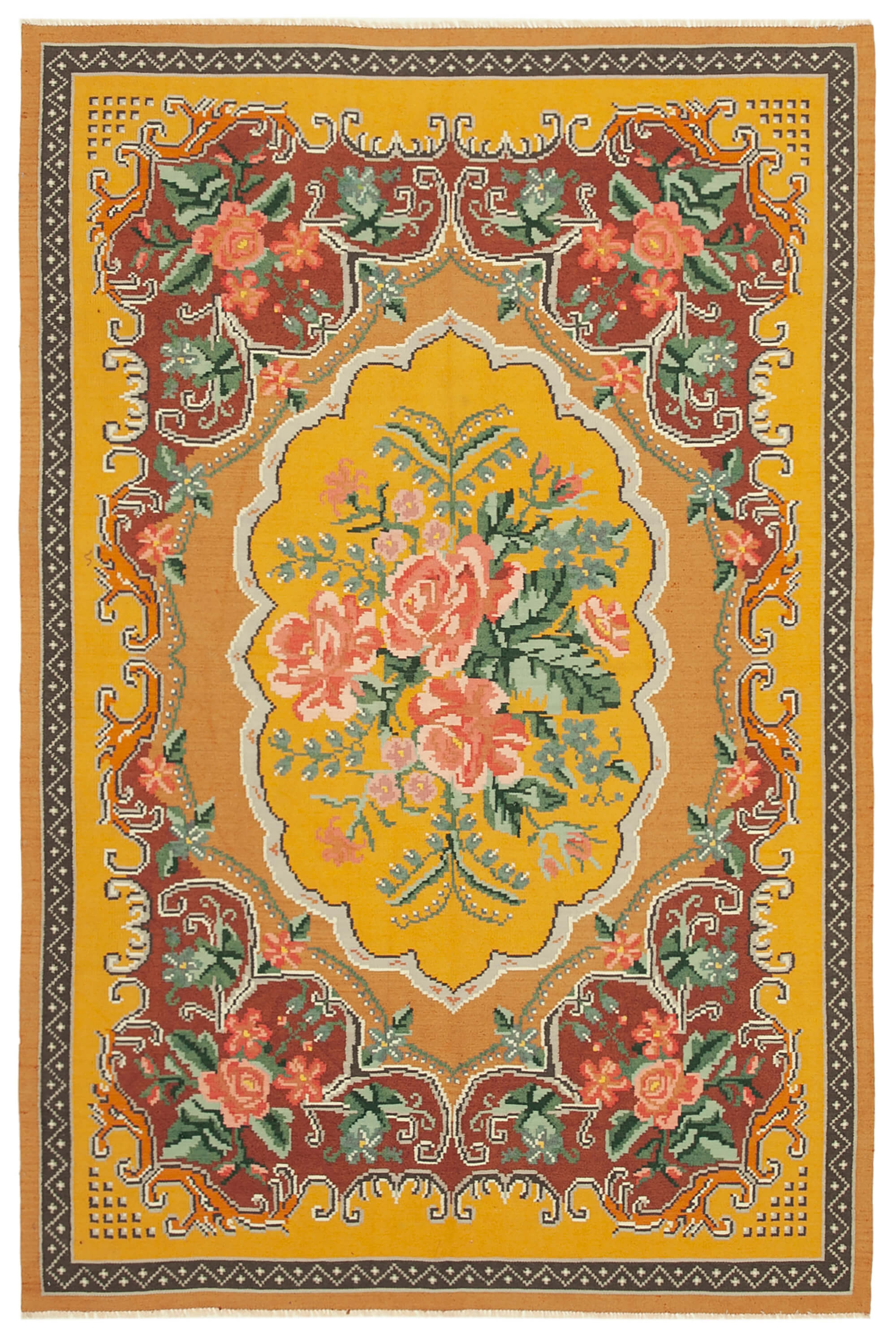 Handmade vintage moldov yellow kilim 197 cm x 291 cm - 23440