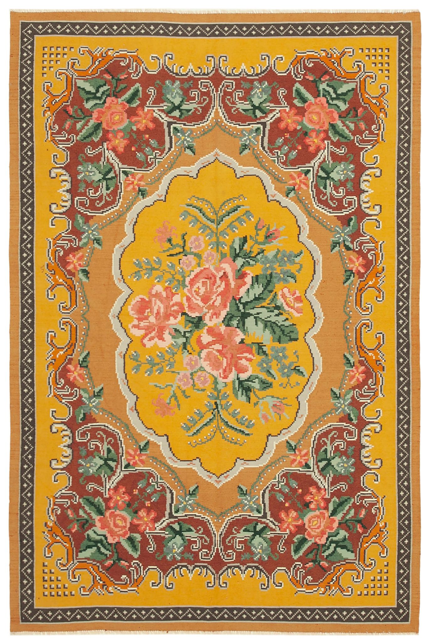 Handmade vintage moldov yellow kilim 197 cm x 291 cm - 23440