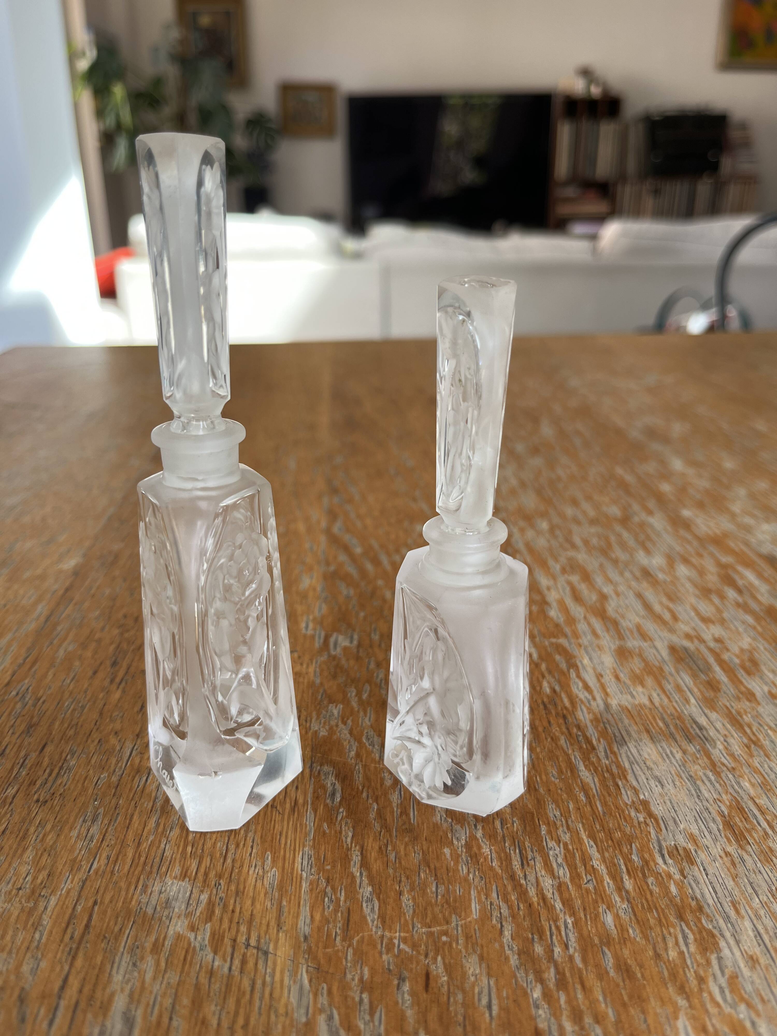 Pair of antique frosted crystal perfume bottles – Signed Charet