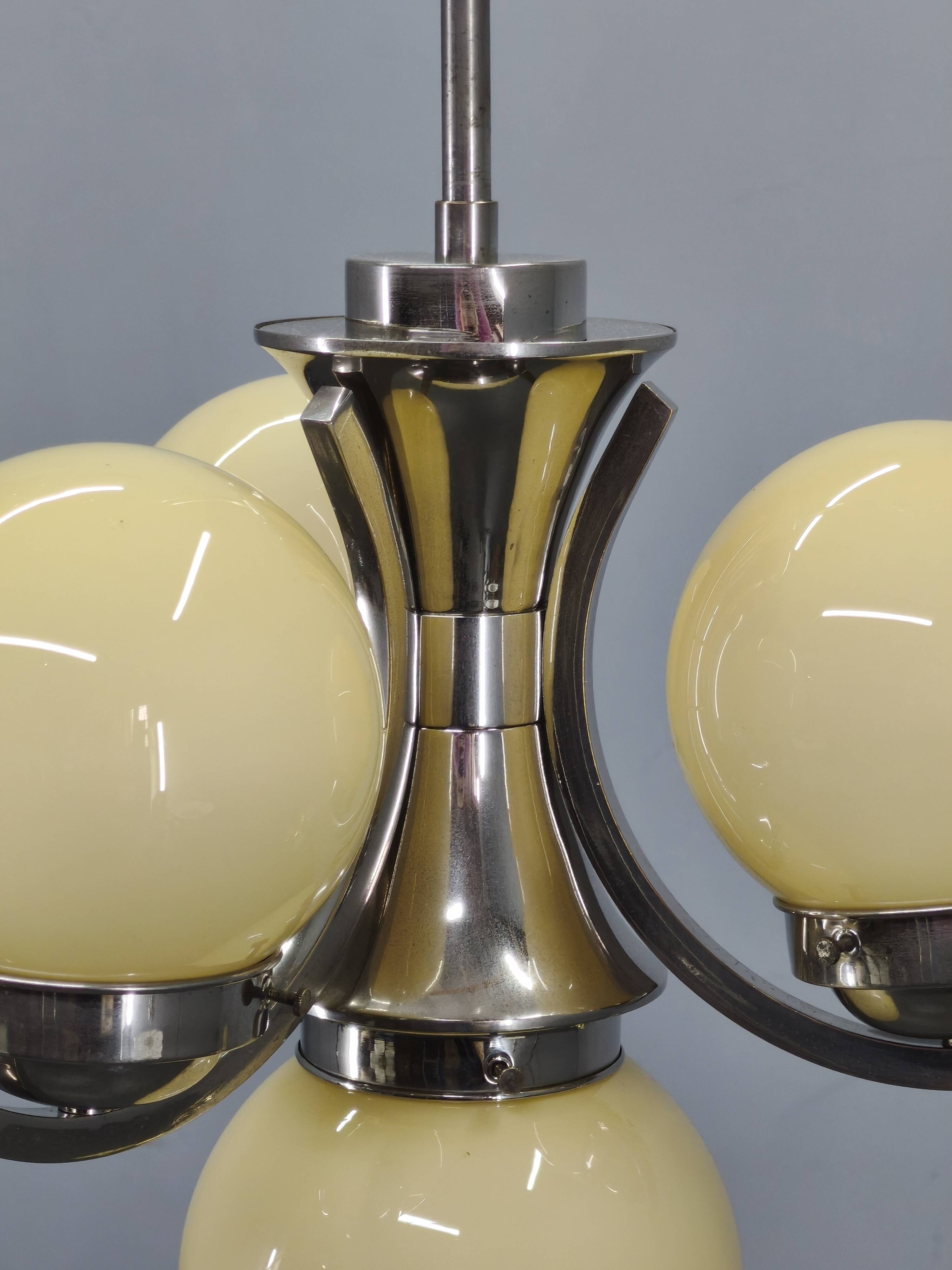 Art Deco Chrome and Opaline Glass Chandelier, 1930s