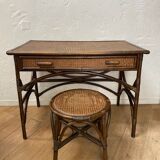 Vintage rattan and canning desk with its stool