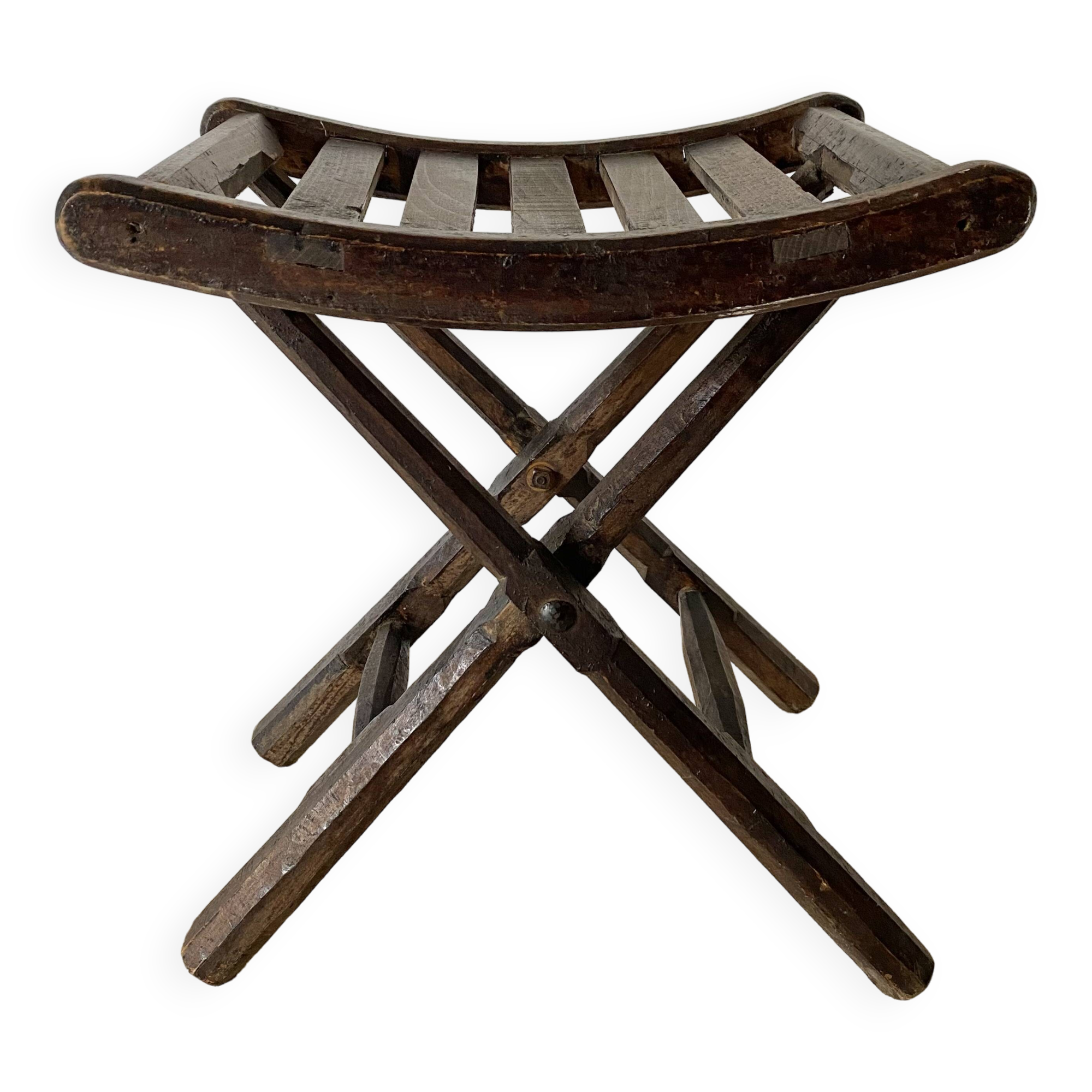 Folding slatted wooden stool