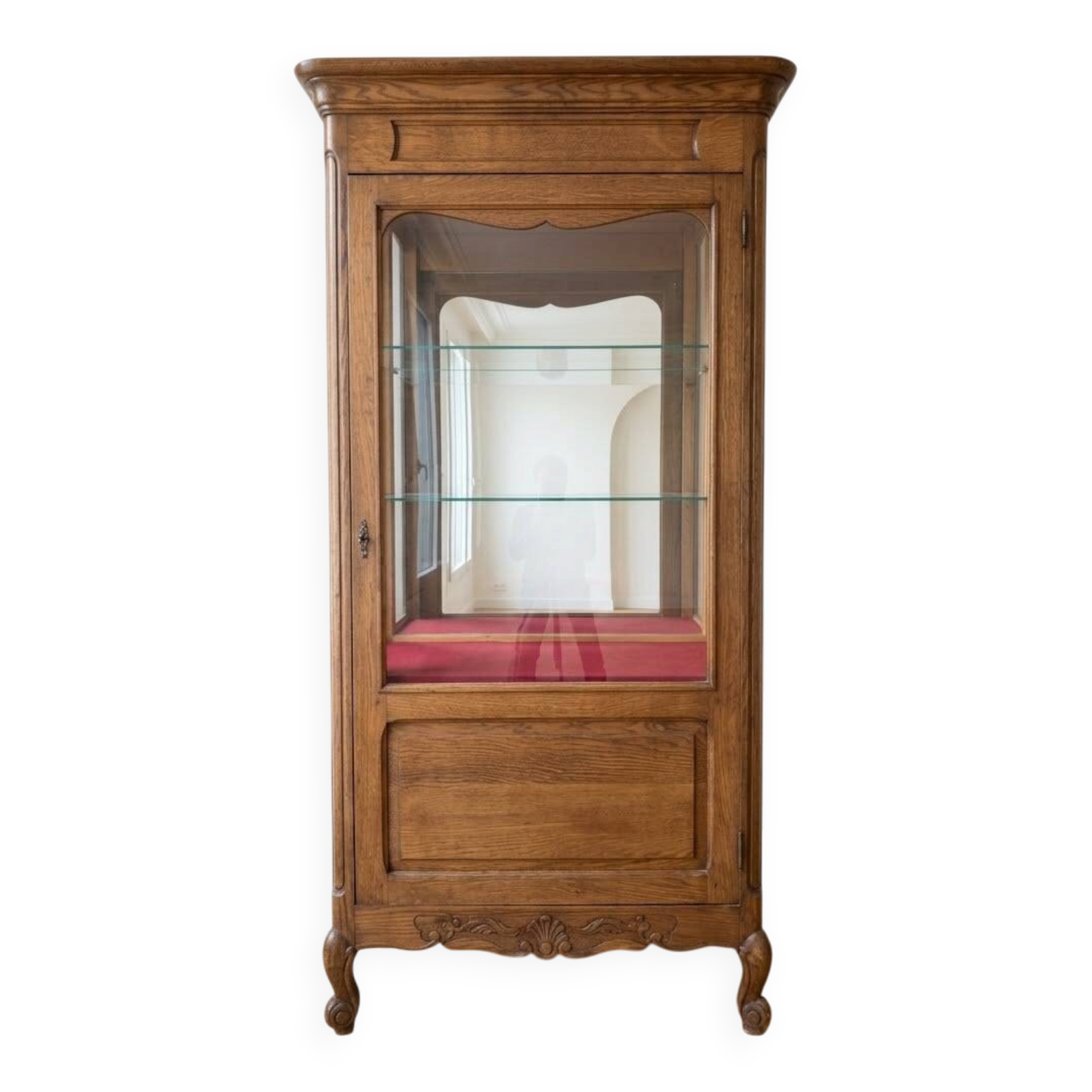 Vintage wooden display cabinet with glass shelves.
