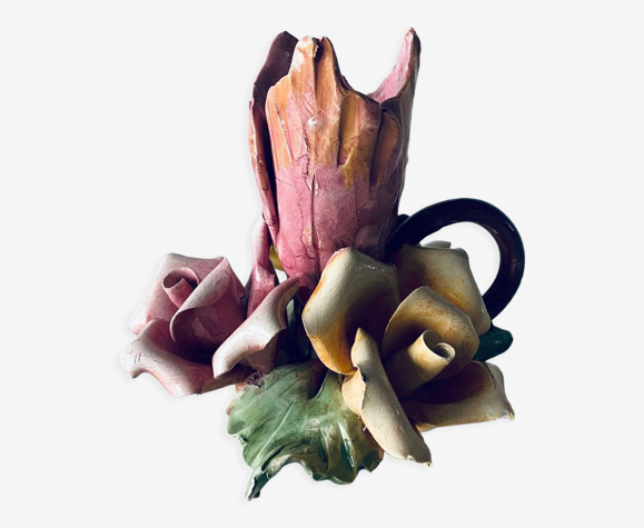 Bougeoir fleur barbotine Italienne signé Bassano