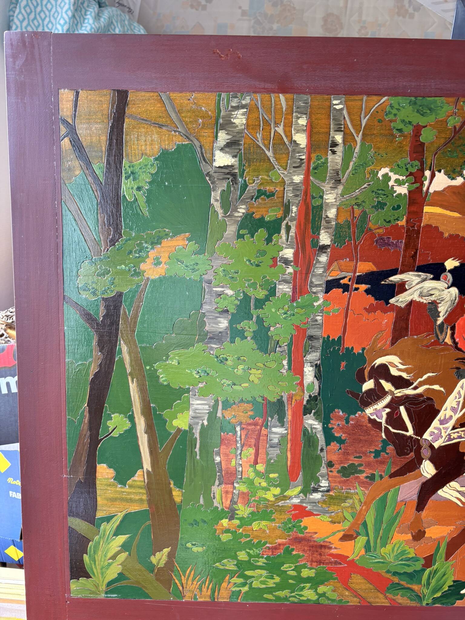 Table Painting Wood Carving Hunting Scene Dog Signed 130x70